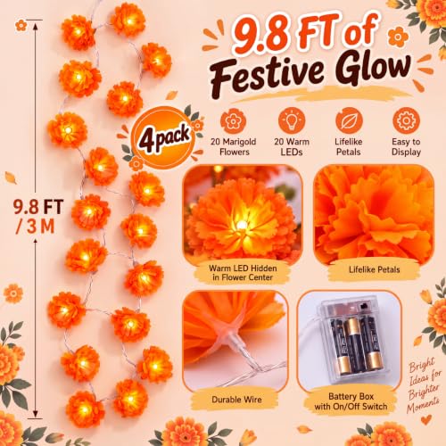 Orange Marigold Garland Lights - 9.8ft 20 LED Artificial Flowers, 4 Pack