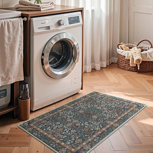 2x3 Washable Entryway Rug - Floral Non-Slip Dark Blue