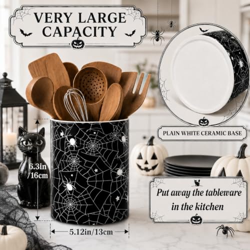Halloween Utensil Holder - Black Spider Web Ceramic Kitchen Organizer - 6 Inch