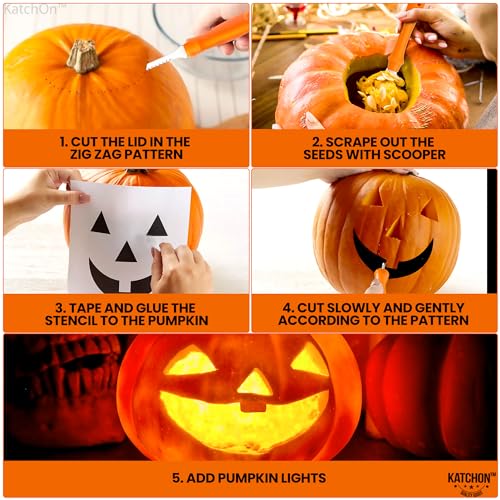 Pumpkin Carving Kit with 13 Heavy Duty Stainless Steel Tools & 18 Halloween Stencil Designs