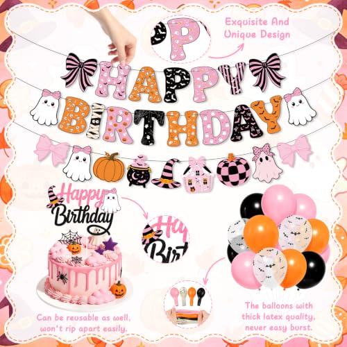 Pink and Black Halloween Birthday Party Balloons & Cake Topper Set