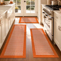 Fall Kitchen Rugs Set of 3 - Checkered Orange Autumn Runner Mats, Washable, Non-Slip