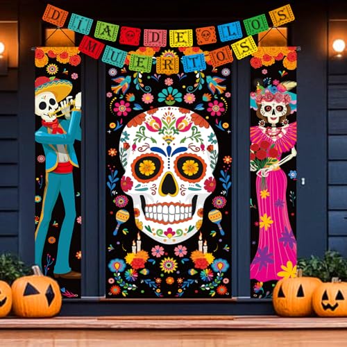 Dia De Los Muertos Decorations Set - Porch Signs, Banners & Door Cover for Halloween & Cultural Celebrations