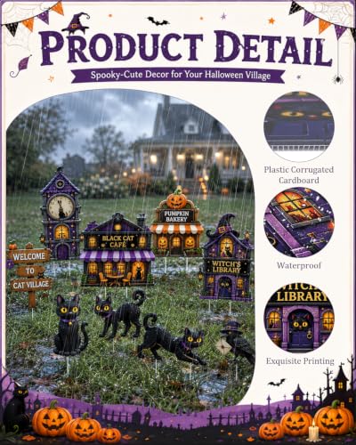 Halloween Yard Signs Outdoor Decorations Set - Black Cat Village Scene, 12 Pcs