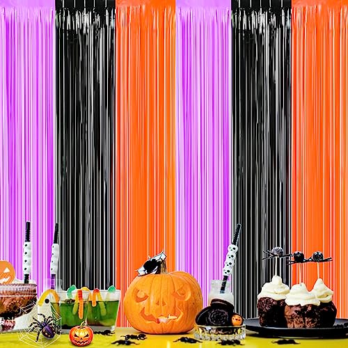 Halloween Tinsel Foil Curtain Set - Black, Orange & Purple, 3.3x6.6ft, Photo Booth Backdrop - Variation of Black Purple and Orange