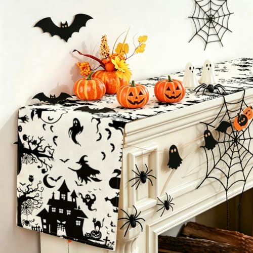 Halloween Table Runner 13x72 Inch Spooky Black Linen Decor for Home