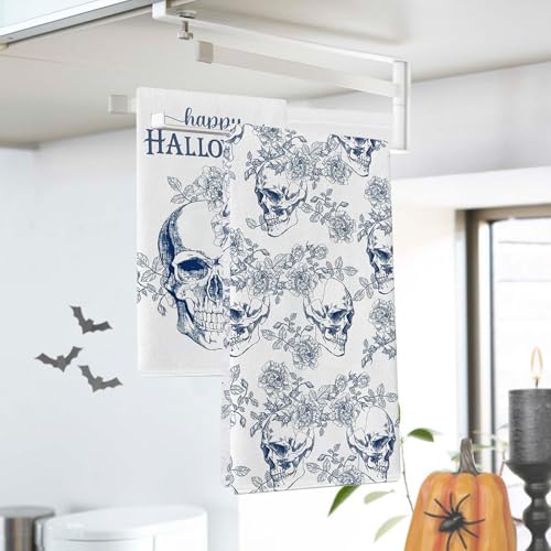 Halloween Skull Kitchen Dish Towels Set of 2 - Festive Skull Pattern, Absorbent & Quick-Drying