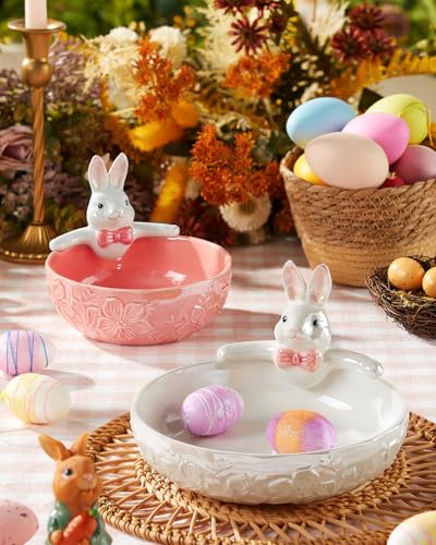 White 8-Inch Easter Bunny Candy Bowl - Shallow Ceramic Dish, 28 Oz