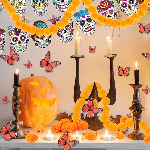 Day of the Dead Decorations Set with Marigold Garlands and Butterfly Accents - 66pcs Dia De Los Muertos Altar Decor