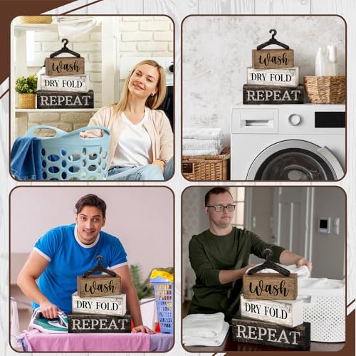 Farmhouse Laundry Room Decor 4-Piece Stacked Wooden Blocks - Rustic Home Accent - Laundry Variation