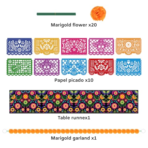 Day of the Dead Decor Set with Marigolds and Banner - Yellow - Mexican Party Supplies