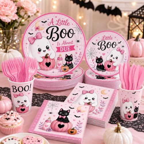 Halloween Baby Shower Decorations Set with Plates Cups Napkins and Utensils - Pink & Spooky Theme