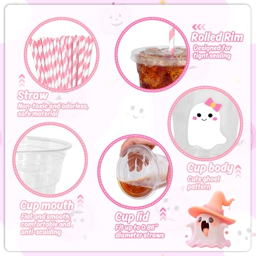 White Ghost Halloween Disposable Plastic Cups with Lids & Straws - 50 Pcs