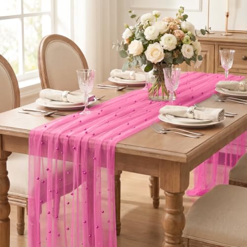 Pink Pearl Gauze Table Runner 28 x 120 Inches - Rose Red, Durable Home Decor