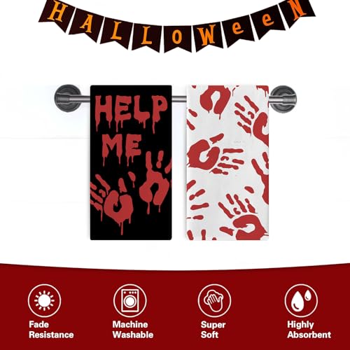 Halloween Bloody Hand Prints Kitchen Dish Towels Set of 2 - Help Me