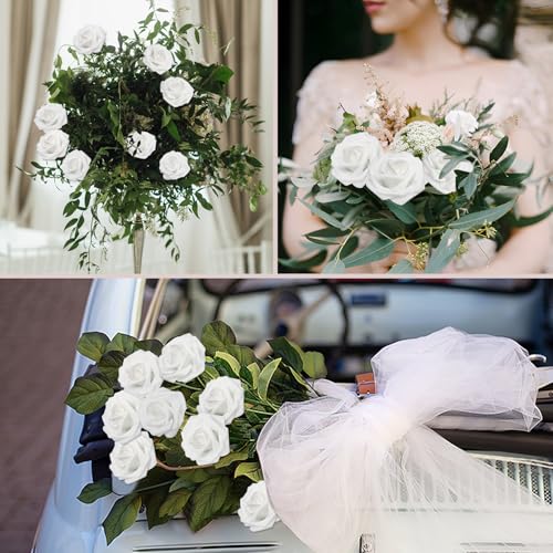White Realistic Roses Artificial Flower Set - 200PCS with 100 Leaves for Wedding & Party DIY Decor - Variation of White / 200