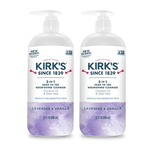 Kirk's 3-in-1 Head to Toe Nourishing Liquid Cleanser- for Men, Women & Children - Premium Coconut Oil & Aloe Vera- Non GMO & Vegan - Lavender and Vanilla - 32 Fl Oz. - 2 Pack