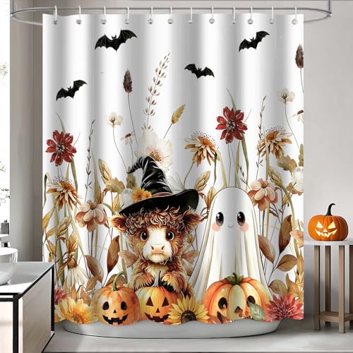 Halloween Ghost Highland Cow Shower Curtain - Colorful 72x72 Inches