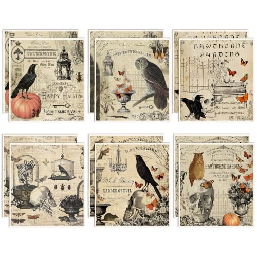 Halloween Vintage Owl Crow Skull Cotton Kitchen Towels - 12 Pcs, Absorbent & Reusable