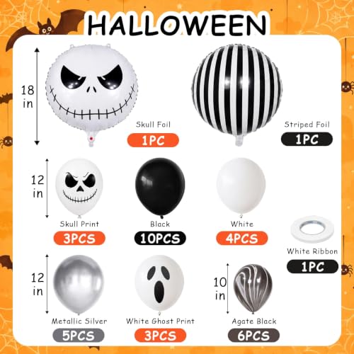 Halloween Balloons Set Black White Silver Skull Ghost 12 Inch 35pcs - Spooky Party Decorations