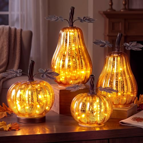 Glooglitter 4-Piece Gold Glass Pumpkin Lighted Fall Thanksgiving Decor - Layered Heights with Timer
