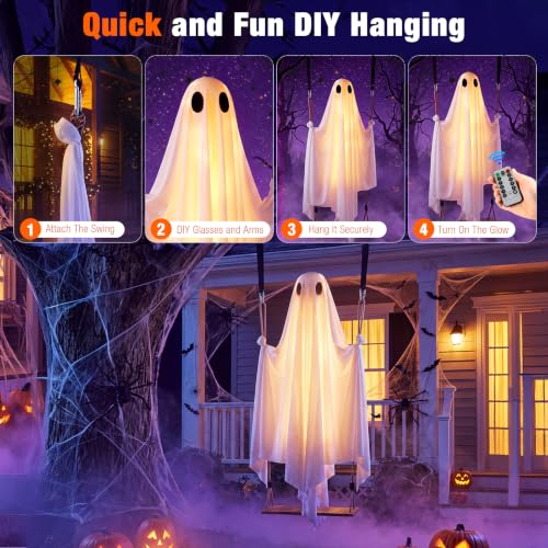 Large 6FT White Swinging Ghost Halloween Yard Decor with 8 Light Modes & Timer