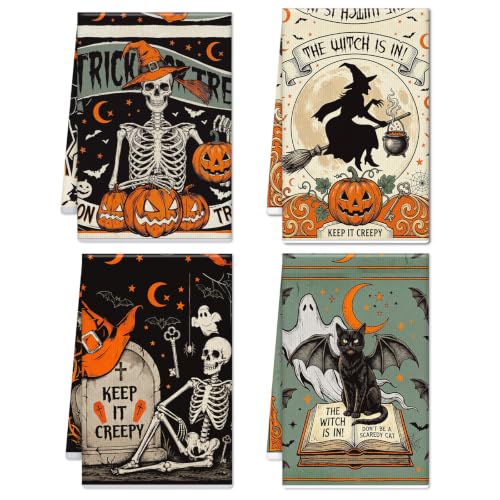 Halloween Kitchen Towels Set - Vintage Skull Pumpkin Witch 16x24 Inches