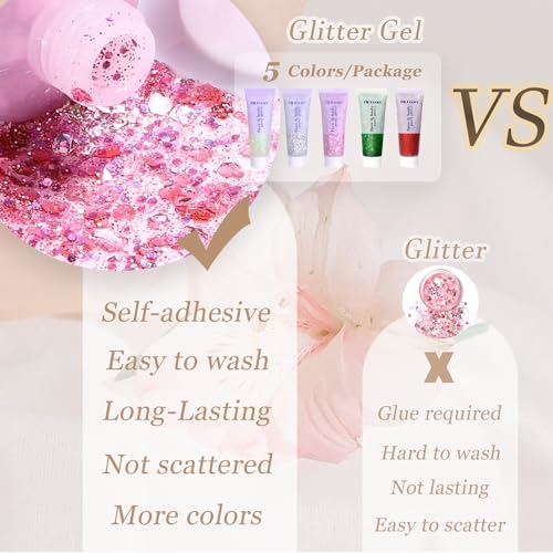 Chunky Face & Body Glitter Gel Set - Multi-Color Sequin Makeup for Festivals & Performances - White, Silver, Pink, Red, Green