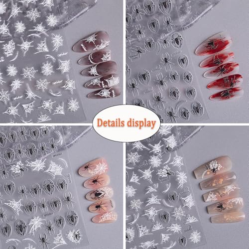 Halloween Nail Stickers - White Black Spider Web Self-Adhesive Decals for Nail Art, 4 Sheets, Scary Design, Spider Variation