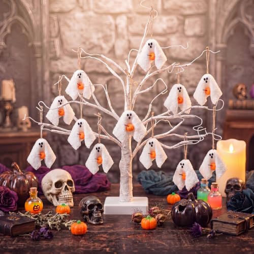 Halloween Ghost Ornaments Set - 12 Soft Sherpa Hanging Decorations for Trees & Home