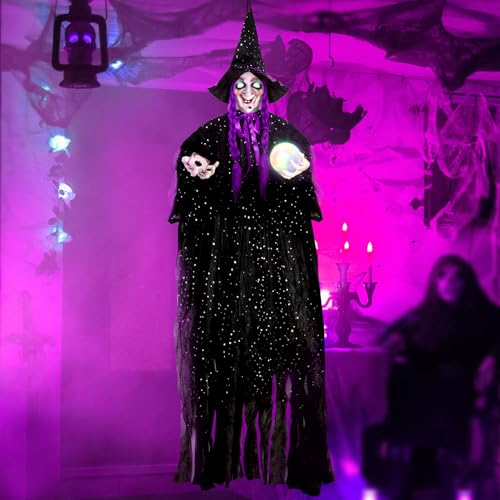 71-Inch Hanging Talking Animatronic Witch with Sound Activation and Glowing Eyes