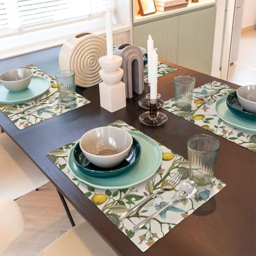 Retro Lemon Placemat Set of 4 - Summer Blue Birds Botanical Flower Table Mats