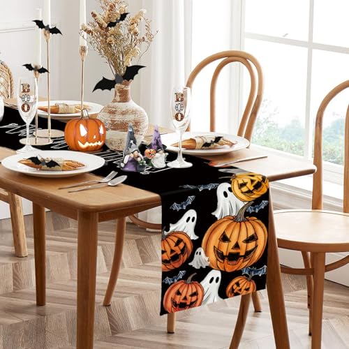 Halloween Ghost Pumpkin Boo Spider Web Table Runner 13x90 Inch - Seasonal Fall Decor