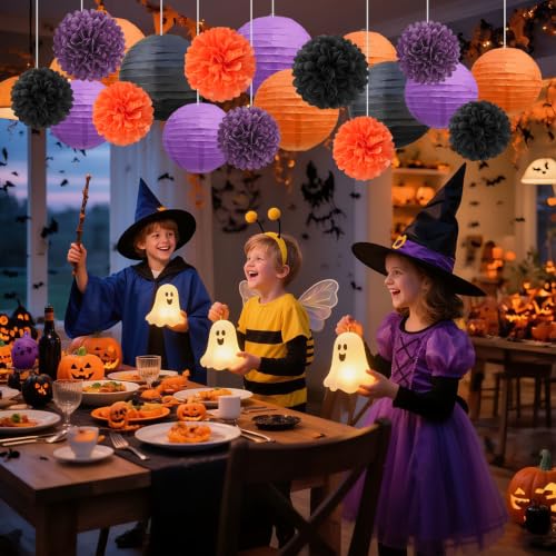 Halloween Paper Lanterns & Tissue Pom Poms Set - Black Orange Purple 18 Piece