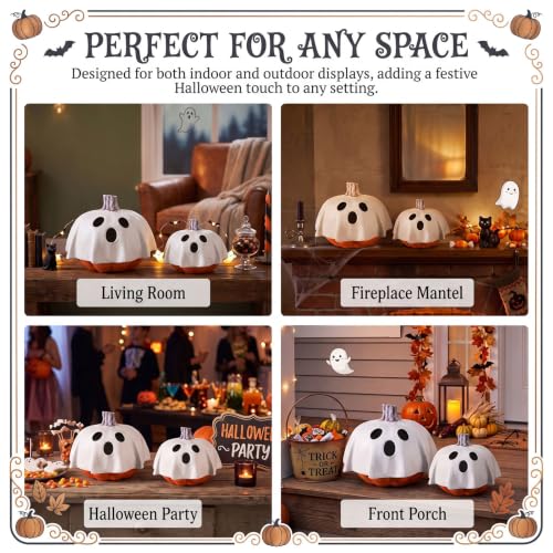 Halloween Ghost Pumpkin Decor Set - 7" & 6" Resin Figurines, Spooky Holiday Centerpieces