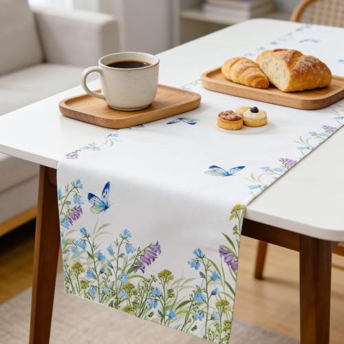 Spring Flowers Butterfly Table Runner - Farmhouse Burlap Summer Dining Linen 72 Inches