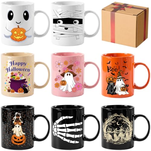 Halloween Ghost Ceramic Coffee Mug Set - 8 Pcs, 12 oz, Handle, Holiday Decor