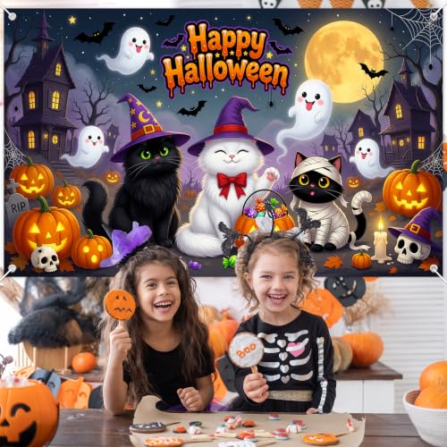 Mocsicka Cute Boo Cats Halloween Backdrop Banner 6x3.6ft for Kids Party