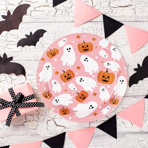 Pink Ghost & Pumpkin Halloween Paper Plates 7 Inch - 24 Pack Disposable Party Tableware
