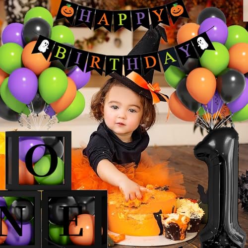 Halloween First Birthday Balloon Set with Number 1 Foil Balloon Banner and Colorful Balloons - Black, Orange, Purple, Green - Variation: Black Green Purple Orange