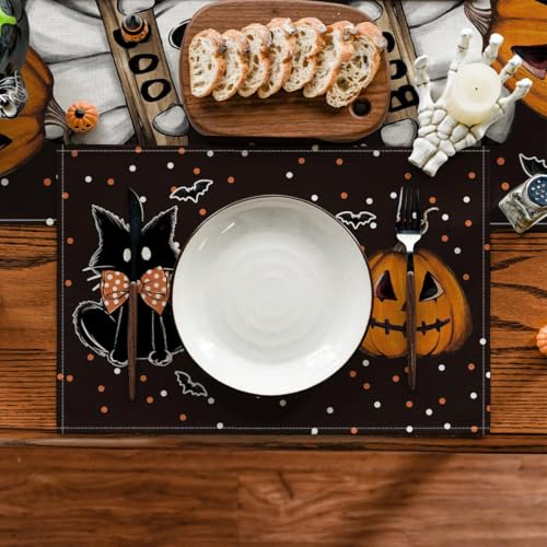 Black Cat Ghost Halloween Placemats Set of 4 - 12x18 Inch Rectangular