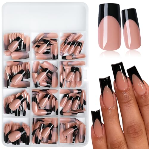 Medium Square Black French Tip Press-On Nails - 240pcs Fake Nails with Glue & Tools