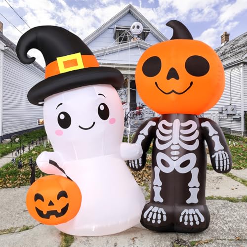 5.4Ft Halloween Inflatable Ghost and Pumpkin Yard Decor with LEDs, Outdoor Garden Decoration