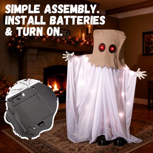 Halloween Animatronic Sack Ghost Decoration - Swinging Arms, Light Up Eyes - White - 35" - Sound Activated, Creepy Haunted House Decor