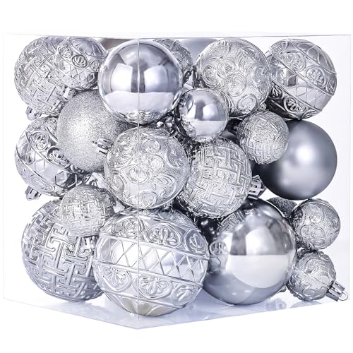 Silver Christmas Ball Ornaments Set - 36 Shatterproof Holiday Decorations, Variation: Silver