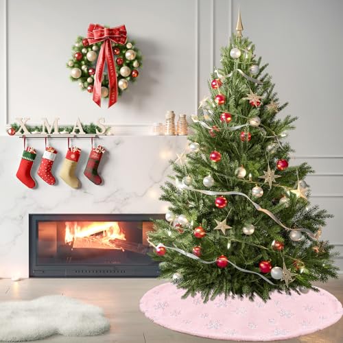 Pink Christmas Tree Skirt 48 Inch Silver Sequin Snowflakes Faux Fur