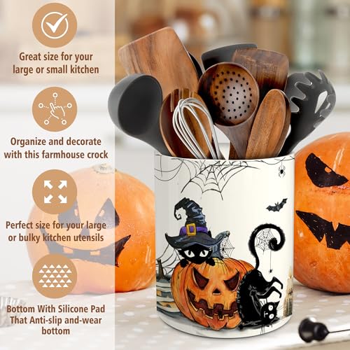 Halloween Ceramic Cat Utensil Holder - Spooky Kitchen Decor, Pinata