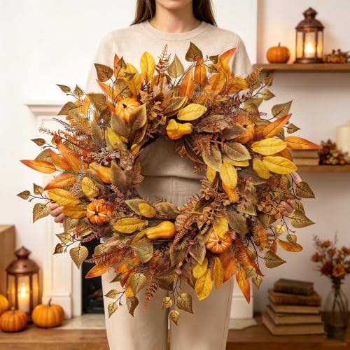 Fall Front Door Wreath 26 Inch Artificial Harvest Wreath with Maple Leaves and Pumpkins - Farmhouse Autumn Decor