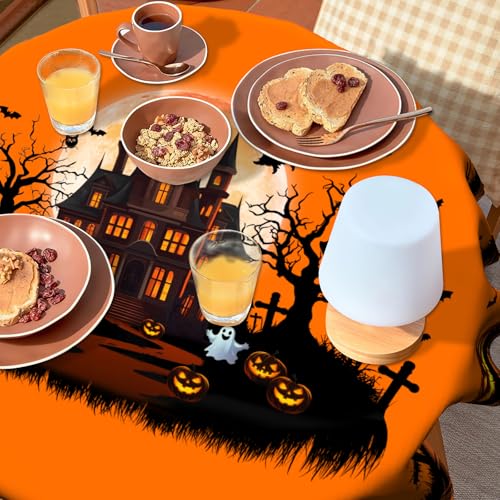 Halloween Castle Round 60 Inch Tablecloth - Pumpkin Ghost Witch Bat Fall Decor