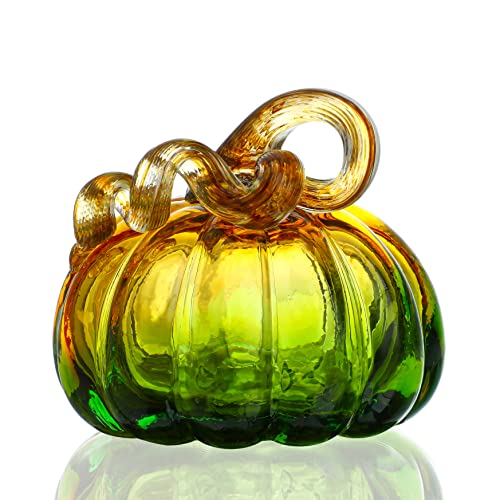 QFkris 5 Inch Hand Blown Glass Pumpkin Figurine - Olive Green Fall Decor